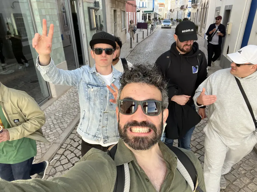 A group selfie in the old town streets